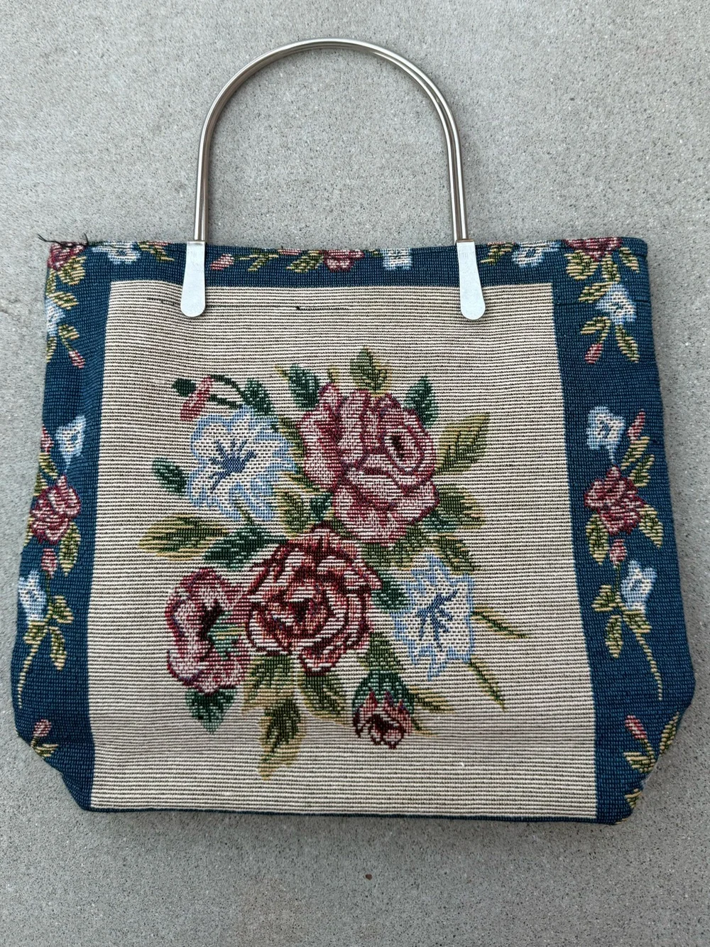 Vintage Floral Tapestry Handbag with Metal Handles Cottagecore Medium Size